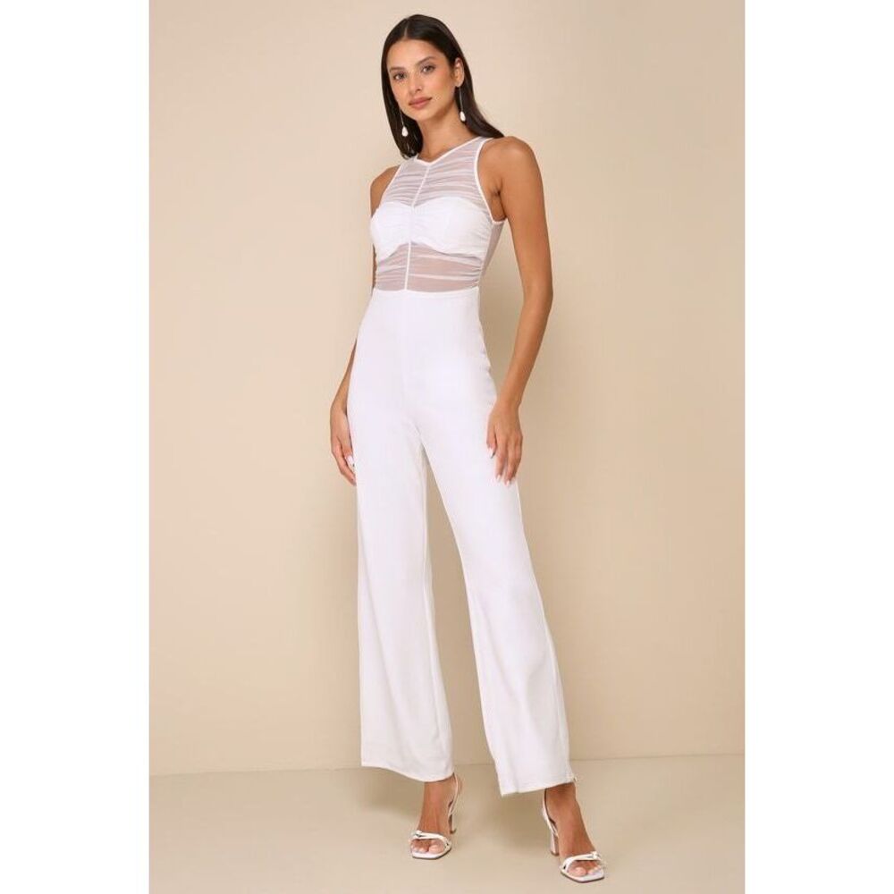 Lulus Sultry Charisma White Mesh Ruched Sleeveless Wide-leg Jumpsuit - Size XS